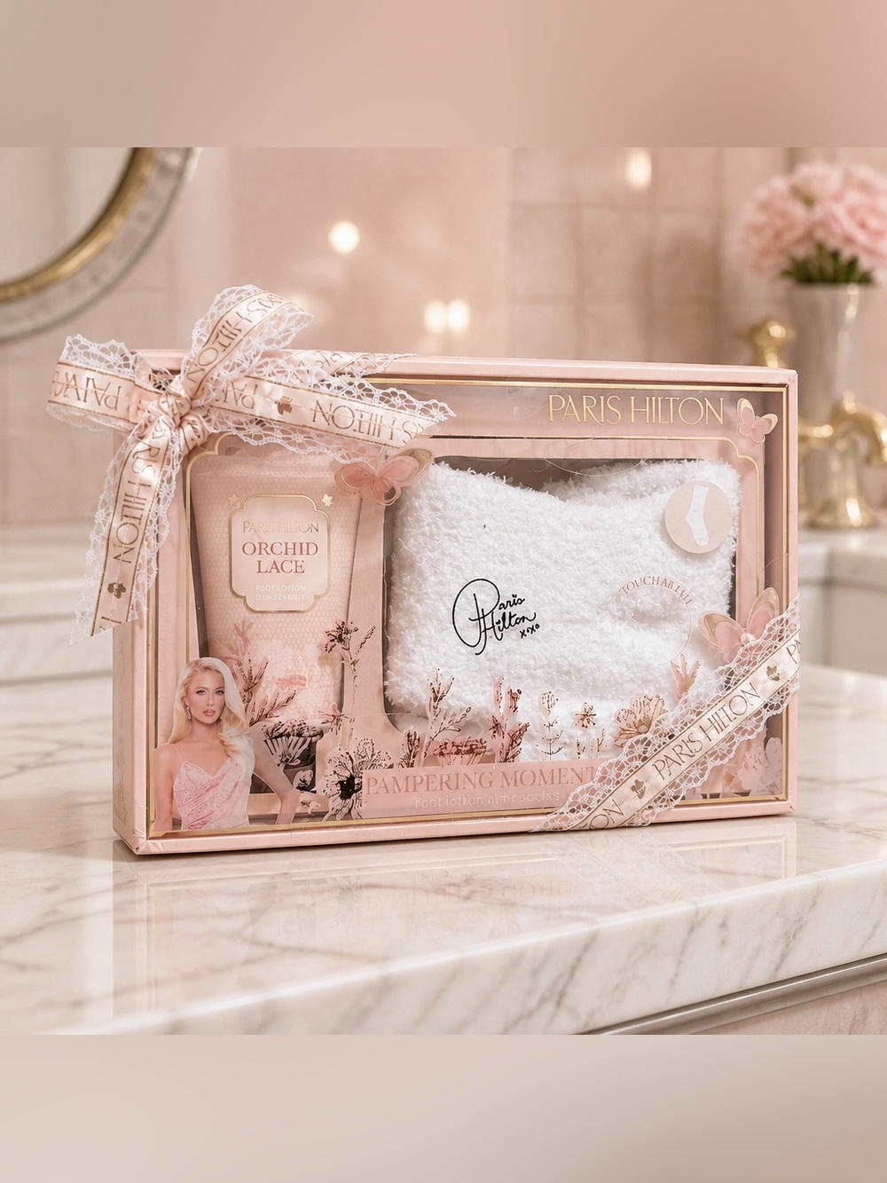 Paris Hilton Orchid Lace Cozy Socks Gift Set New